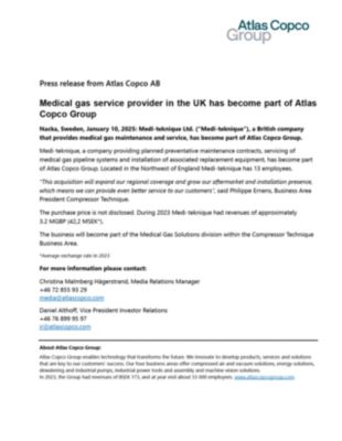 20250110 Medical gas service provider in the UK has become part of Atlas Copco Group