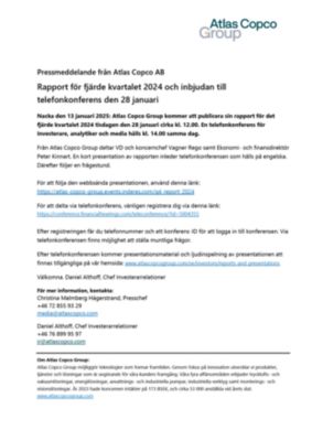 20250113 Rapport för fjärde kvartalet 2024 och inbjudan till telefonkonferens den 28 januari