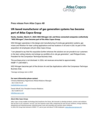 20250321 UK-based manufacturer of gas generation systems has become part of Atlas Copco Group