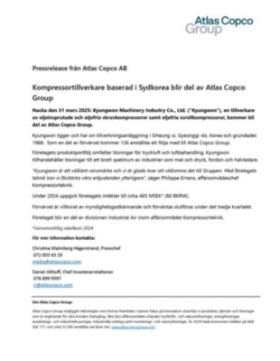 20250331 - Kompressortillverkare baserad i Sydkorea blir del av Atlas Copco Group