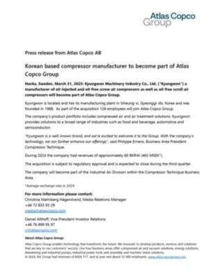 20250331 - Korean based compressor manufacturer to become part of Atlas Copco Group