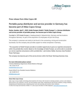 20250401 Portable pump distributor and service provider in Germany has become part of Atlas Copco Group
