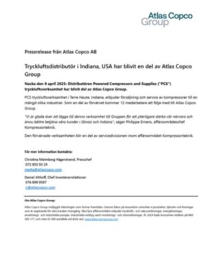 20250409 - Tryckluftsdistributör i Indiana, USA har blivit en del av Atlas Copco Group