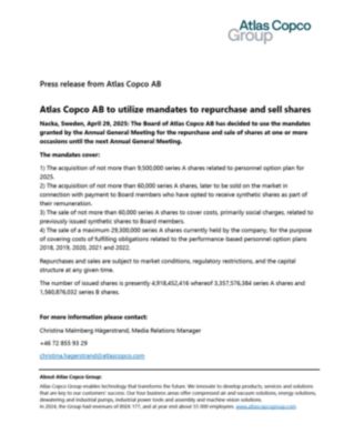 20250429 Atlas Copco AB to utilize mandates to repurchase and sell shares