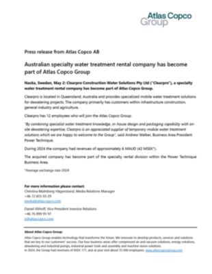 20250502 Australian specialty water treatment rental company has become part of Atlas Copco Group