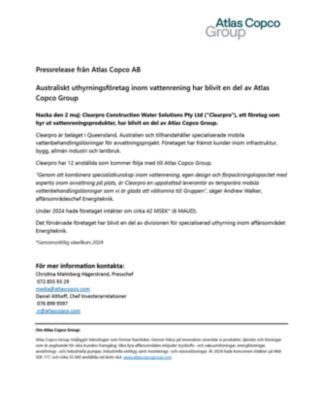 20250502 Australiskt uthyrningsföretag inom vattenrening har blivit en del av Atlas Copco Group
