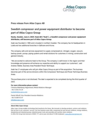 20250604 - Swedish compressor and power equipment distributor to become part of Atlas Copco Group