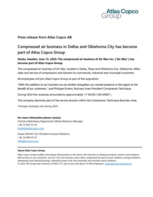 20250613 - Compressed air business in Dallas and Oklahoma City has become part of Atlas Copco Group