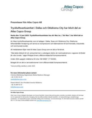 20250613 - Tryckluftsverksamhet i Dallas och Oklahoma City har blivit del av Atlas Copco Group