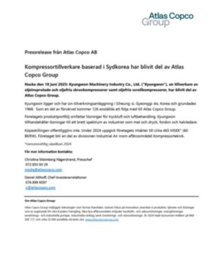 20250618 - Kompressortillverkare baserad i Sydkorea har blivit del av Atlas Copco Group
