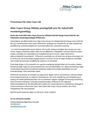 20250709 Atlas Copco Group tilldelas prestigefyllt pris för industriellt monteringsverktyg