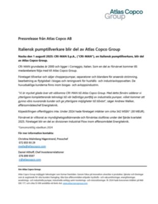 20250801 Italiensk pumptillverkare blir del av Atlas Copco Group