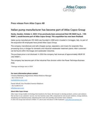 20251002 Italian pump manufacturer has become part of Atlas Copco Group