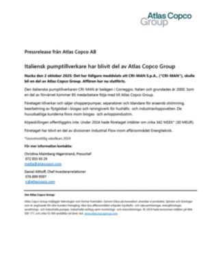 20251002 Italiensk pumptillverkare har blivit del av Atlas Copco Group