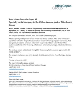 20251002 Specialty rental company in the US has become part of Atlas Copco Group