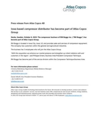 20251008 Iowa based compressor distributor has become part of Atlas Copco Group