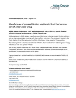 20251104 - Manufacturer of process filtration solutions in Brazil has become part of Atlas Copco Group