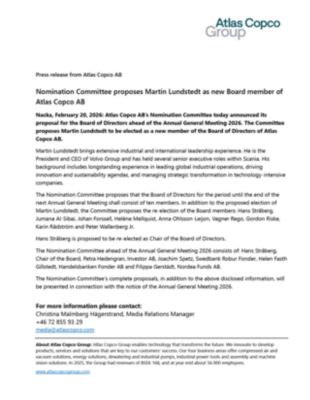 20260220 Nomination Committee proposes Martin Lundstedt as new Board member of Atlas Copco AB
