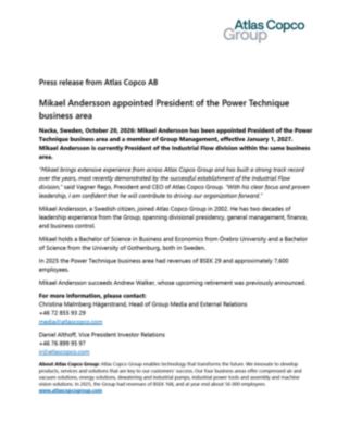 20261020 Mikael Andersson appointed President of the Power Technique business area