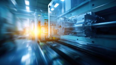 High-speed injection molding machine in action, shiny metal surface, plastic mold cavity visible, streamlined workflow in a brightly lit tech facility