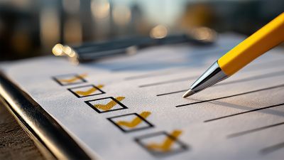 A checklist attached to a policy implementation guide, with several items ticked off, soft natural light, clean tone, depth of field, bokeh background, bright and airy, minimalist composition, professional stock photo, high resolution, visual. --chaos 10 --ar 16:9 --quality 2 --stylize 250 --v 7 Job ID: 55f481a8-6c4c-43c2-9a4b-522473d7d587