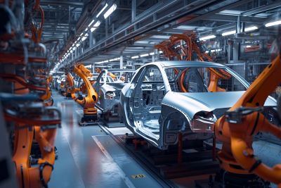 auto assembly line of cars in a factory