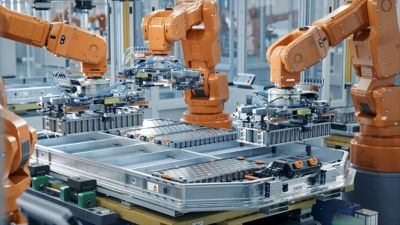 EV Battery Pack Automated Production Line Equipped with Orange Robot Arms. Modern Electric Car Smart Factory. Row of Advanced Robotic Arms inside Bright Plant Assemble Batteries for Automotive Industry