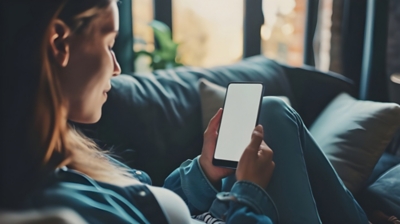 Happy young woman holding mobile smartphone with blank white screen background while resting on the sofa in living room at home. Watching movies on the phone