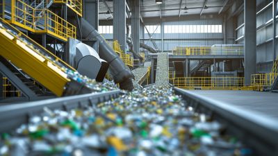A modern ecological waste processing plant, with advanced machinery sorting recyclables