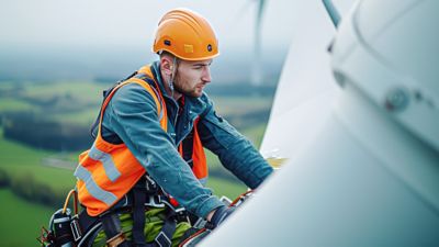 A focused engineer wearing a safety helmet and harness, meticulously working on the mechanical parts of a wind turbine. The background is a sprawling green meadow, with the turbine blades gently rotating, harmonizing technology with the environment. Created Using: action shot, detailed mechanical components, harmonious nature background, motion blur on turbine blades, safety gear, serene meadow ambiance, X prompt, hd quality, natural look --ar 16:9 --v 6 Job ID: bb83cff8-c240-4f51-82ad-dfcae25012e0