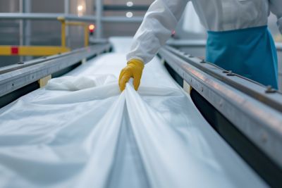 person inspecting nonwoven fabric on conveyor, created with generative ai