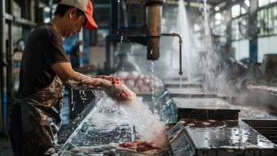 Butcher washing machinery with water in factory