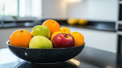 A modern kitchen featuring a black granite countertop, stainless steel appliances, and a fruit bowl filled with apples, oranges, and bananas