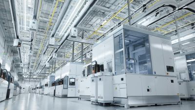 Wide shot of Bright Advanced Semiconductor Production Fab Cleanroom with Working Overhead Wafer Transfer System 