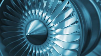 3D Rendering jet engine, close-up view jet engine blades. Closeup shot of jet engine front fan. 3D animation.