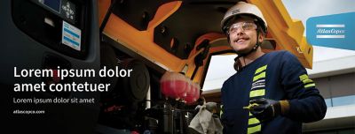 Template for a billboard with a full image and text with the Atlas Copco logo in a innovation flag to the right