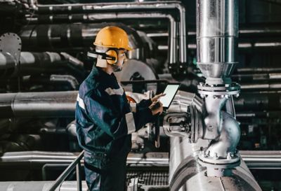 Industrial technician wearing a safety helmet and protective clothing operating an electrical control panel inside a manufacturing facility.