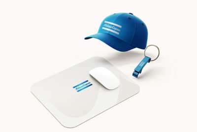 Atlas Copco branded hat, mousemat and keychain