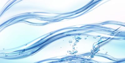 Fresh clean water flowing wave with bubbles and drops. Vector illustration with realistic clear blue aqua splash, water background. Flow of pure liquid drink