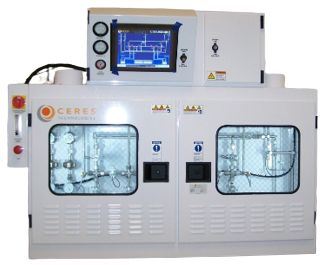 ChemSource CSS unit, HMI powered on and valves visible through the two cabinet windows