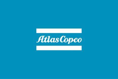 Classic Atlas Copco logo in white with a teal background