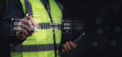 Engineer conducting a digital document inspection onsite.