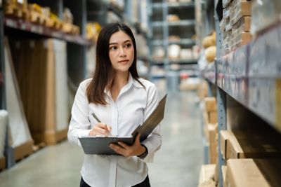 young woman worker holding clipboard and checking inventory in the warehouse store