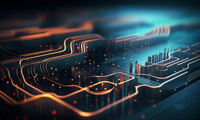 A creative rendition of technology with a number of nodes and wires.