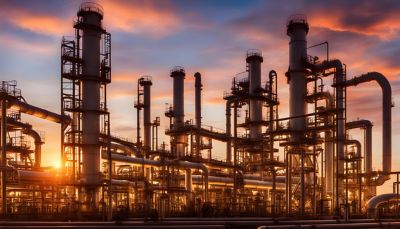 Pipeline and pipe rack of petroleum industrial plant with sunset sky background