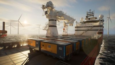 Portable machinery on a ship, supporting the construction of wind power at sea.