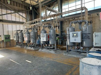 Image of multiple nano D5 heatless twin tower dryers installation for steam energy in Mexico.