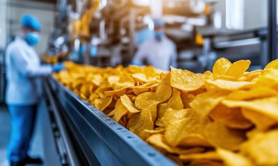 Potato Chips on a Conveyor Belt in a Food Processing Facility. High quality illustration