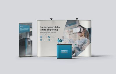 Desk, standee and backdrop with a cutout over the image