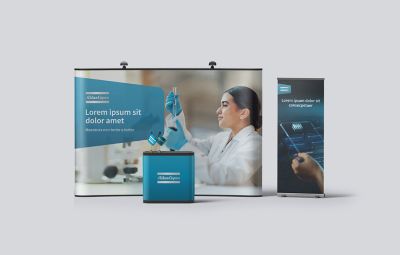 Desk, standee and backdrop with a full image and innovation banner